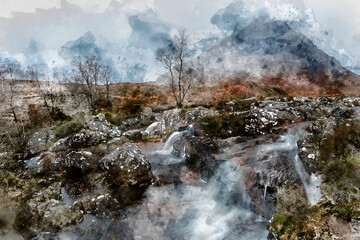 Digital watercolor painting of Epic landscape image of Buachaille Etive Mor waterfall in Scottish highlands on a Winter morning with long exposure for smooth flowing water