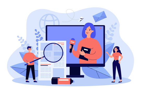 Broadcasting with journalist or newscaster reading newsletter, reporting news. People watching news on TV, reading press. Vector illustration for digital television, media, communication concept