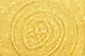 Fototapeta na wymiar Water circle with gold sparkles background. Yellow glitter backdrop. Golden texture. New year luxury snow. Copyspace. Shimmer confetti wallpaper. Dreamy shiny design detail