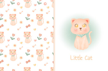 Cute pattern  and greeting card with cute cat .