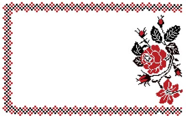 Traditional Ukrainian embroidery frame with nation red rose ornament. Folk red and black textile design with white background.