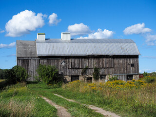 Fototapeta na wymiar Tracks lead to an old barn in Michigan
