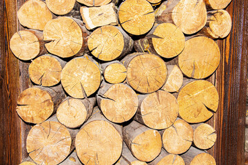 Background of dry firewood, logs stacked on top of each other in a pile