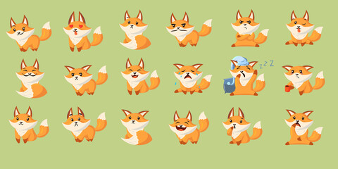 Funny cartoon red fox with set of various emotions. Cute baby animal smiling, crying, laughing, sleeping, feeling happy, angry, sad. Vector illustration for mobile app, sticker, kids print design
