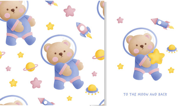 hand drawn Little bear in the galaxy seamless pattern and greeting card.