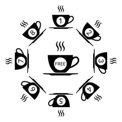 Coffee loyalty card concept with coffee cup icons. Buy 8 cups and get 1 for free. Cafe beverage promotion design template. Vector illustration.