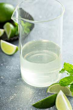 Making Mojito Cocktail With Mint Simple Syrup, Fresh Mint And Limes