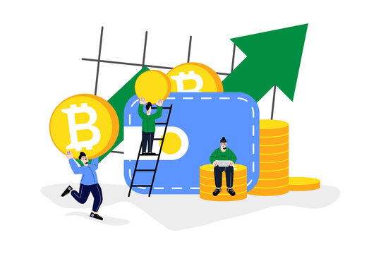 Investment in Cryptocurrency. Bitcoin Price Growth. Blockchain Charts. Concept for web design, banner and poster. Cartoon Vector Illustration.