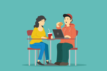 Boy and girl in a street Cafe. Vector illustration.