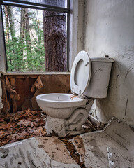 trashed toilet in white room with a view - 408128341