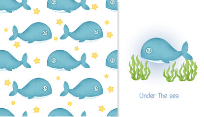 Watercolor seamless pattern and greeting card with cute whale.
