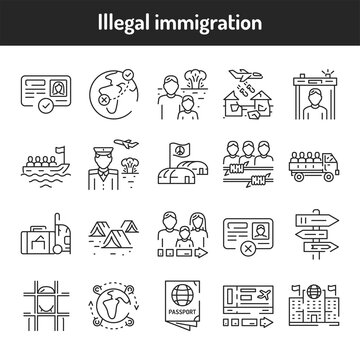 Illegal Immigration Color Line Icons Set.