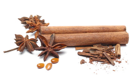 Star anise, seeds and cinnamon stick with shavings isolated on white background 