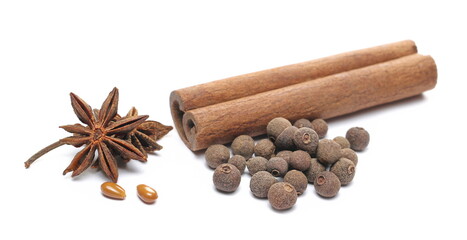 Star anise, aromatic allspice, pimento, cinnamon stick isolated on white background, macro 