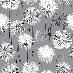 Seamless pattern with hand drawn dandelion flowers for surface design and other design projects. Monochrome line art, gray background