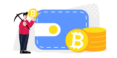 Man with Pickaxe looking at bitcoin in hand. Cryptocurrency mining with high earnings concept. Investment in bitcoin and other digital currency. Funny Cartoon Character. Vector Illustration.