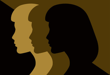 Black and Gold Three Women in Silhouette. Side view. Vector illustration