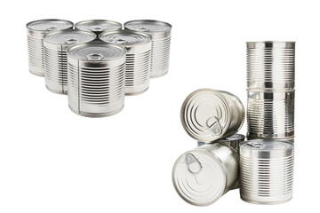 Group of silver canned food on white background.