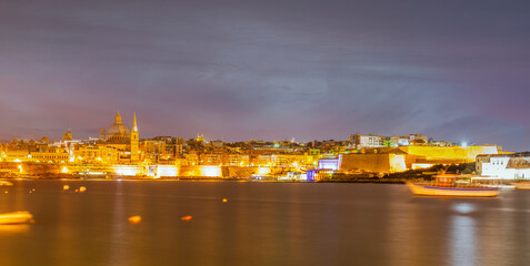 Panoramic of Valletta at night, on the island of Malta