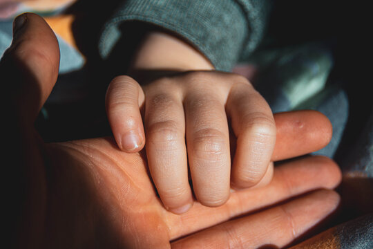 El ni&ntilde;o agarra con amor la mano de su padre. Conexi&oacute;n segura en familia