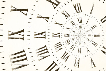 Droste effect background with infinite clock spiral. Abstract design for concepts related to time.