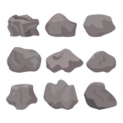 Rock stone cartoon vector set in a flat style with variety of shapes. Cartoon props for outdoor decor.