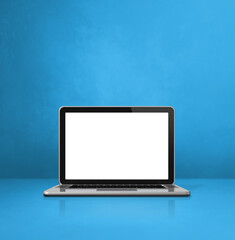 Laptop computer on blue office scene background