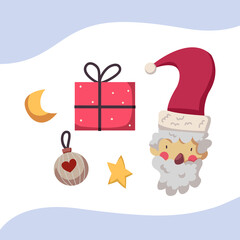 Santa and gifts. Cute illustration. Vector illustration. Christmas bundle. Christmas set. background color. For children's cards and invitations.
