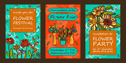 Flowers party invitation cards set. Bunches in vases, sunflowers illustrations with text, time, date on orange and green background. Festival or event concept for flyers and posters design