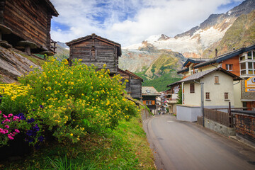 Saas-Fee glacier view with snow and ice flowers flower, wooden hut, tourism