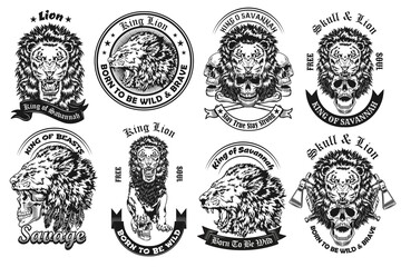 Monochrome lion with skull labels vector illustration set. Retro emblems with lion growling and biting human skull. Savannah animals and wildlife concept can be used for retro template