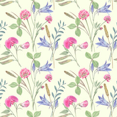 Wildflowers seamless pattern on light yellow-green background. Watercolor hand drawn elements - sweet peas, clover, bluebells and herbs. Cottagecore and farmhouse styles aesthetic; nice for fabric.