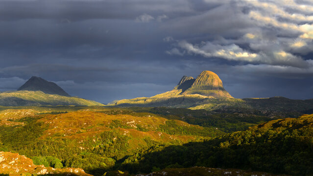 Canisp and Legendary Suilven is one of the most distinctive mountains in Scotland. Lying in a remote area in the west of Sutherland, it is a wilderness landscape Inverpolly National Nature Reserve.