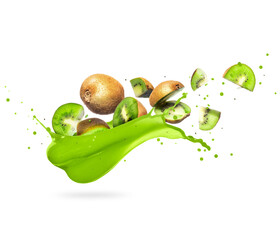 Chopped kiwi with splash of fresh juice on a white background