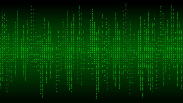 Green matrix background. Falling numbers on screen. Technology stream binary code. Digital vector illustration. Hacking concept.