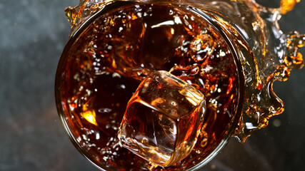 Ice Cube falling into Glass of Whisky, Freeze Motion.