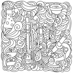 Science coloring page antistress, doodles and curls with laboratory equipment