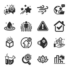 Obraz premium Set of Science icons, such as Group, Augmented reality, Idea symbols. Windy weather, Coronavirus research, Analysis graph signs. Medical mask, Organic tested, Decreasing graph. Fuel energy. Vector