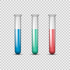 A set of realistic illustrations of five test tubes with empty ,orange,green, blue and red liquid isolated on a transparent background-vector illustration.