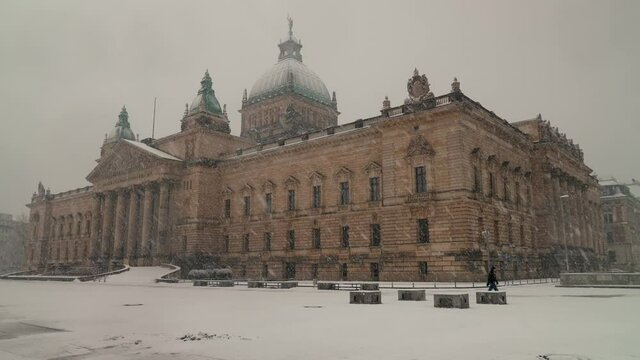 Federal Administrative Court (Bundesverwaltungsgericht) in the city centre of Leipzig in Saxony, Germany on a Winter day during snowfall