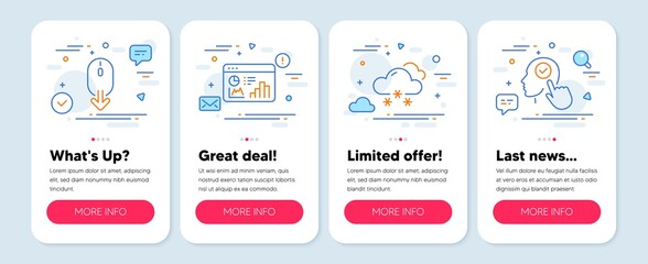 Set of line icons, such as Scroll down, Snow weather, Seo statistics symbols. Mobile screen app banners. Select user line icons. Mouse swipe, Snowflake, Analytics chart. Head with checkbox. Vector