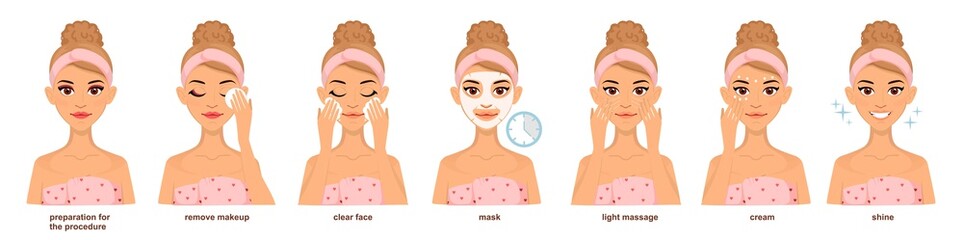 Set of woman doing home beauty treatments. Facial care.