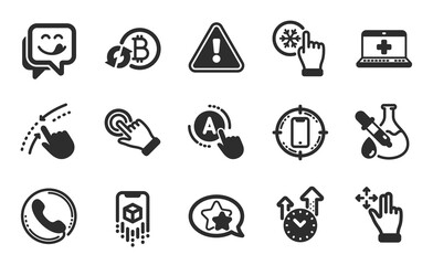 Call center, Ab testing and Freezing click icons simple set. Smartphone target, Time management and Yummy smile signs. Star, Move gesture and Augmented reality symbols. Flat icons set. Vector