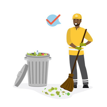 Open metal trash can with garbage and happy garbage collector holds broom. African american male character in special uniform