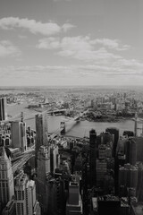 New York city skyline, aerial photography, black and white