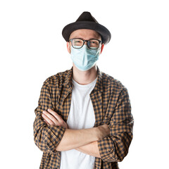 man in hat, glasses and protective mask on white isolated background. happy man in medical mask