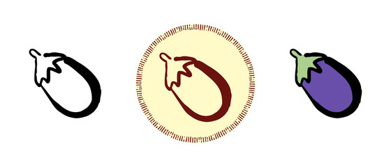This is a set of icons with different styles of eggplant. Contour, color and retro symbols of eggplant. Freehand drawing, doodles. Stylish solution for website and label.