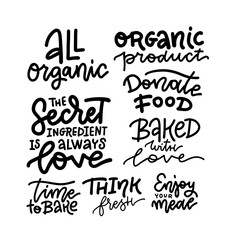 Set of hand drawn lettering phrase about food, beverage, cooking. Modern linear calligraphy for blogs, social media. Motivation and inspiration quotes for invitations, greeting cards, prints, posters.