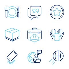 Line icons set. Included icon as Quote bubble, Restaurant food, Construction toolbox signs. Smartphone broken, Loyalty star, Delivery box symbols. Hold t-shirt, Basketball line icons. Vector