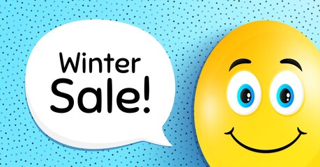 Winter Sale. Easter egg with smile face. Special offer price sign. Advertising Discounts symbol. Easter smile character. Winter sale speech bubble. Yellow egg background. Vector